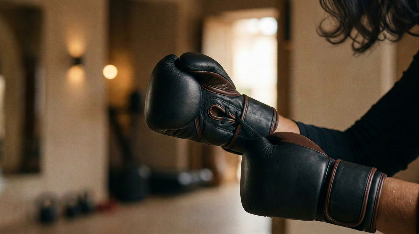 A woman pressing her boxing gloves together in a softly lit studio