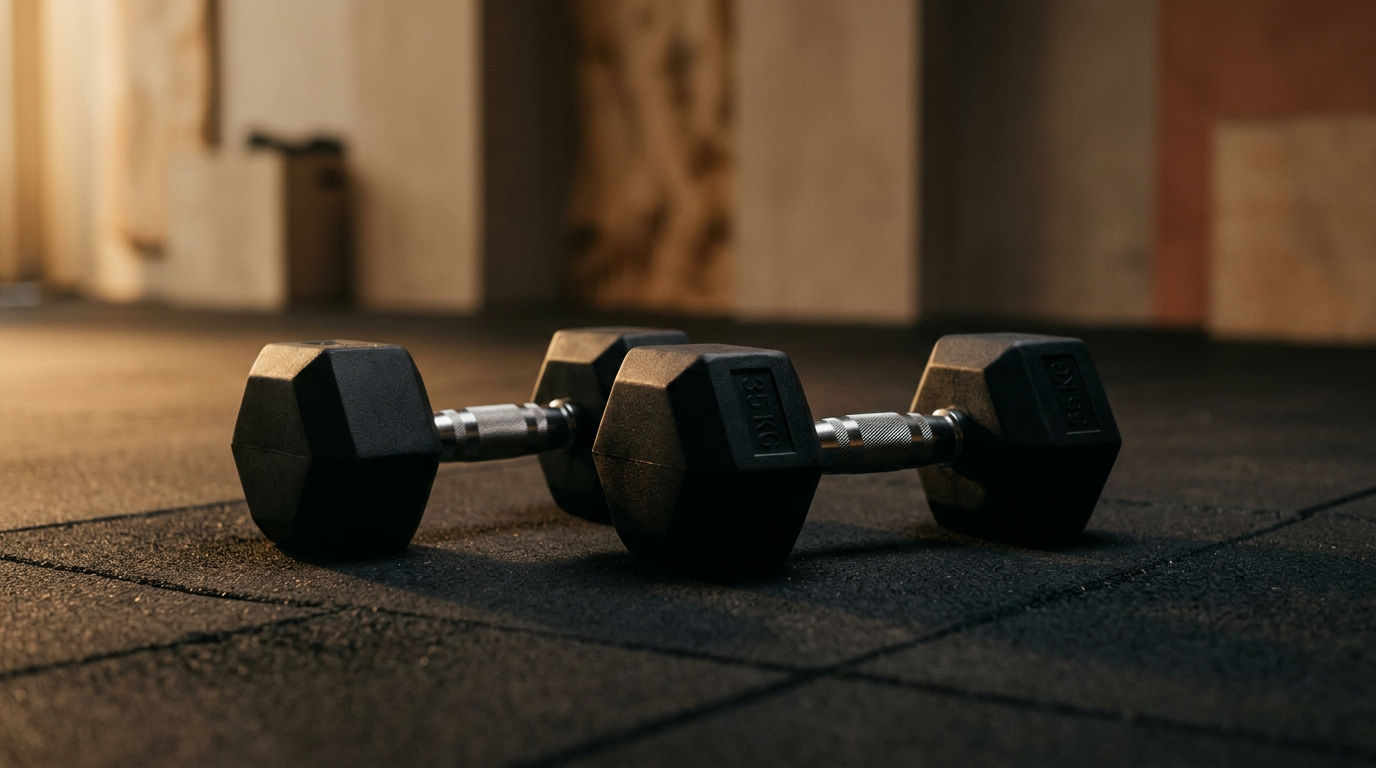 Hex dumbbells resting on a studio floor in warm evening light