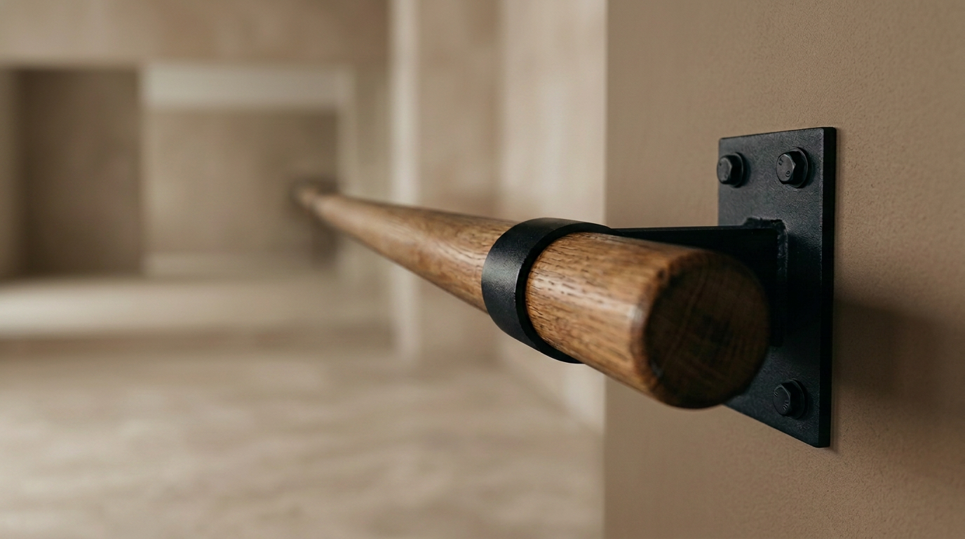 A wooden barre mounted on a warm beige studio wall