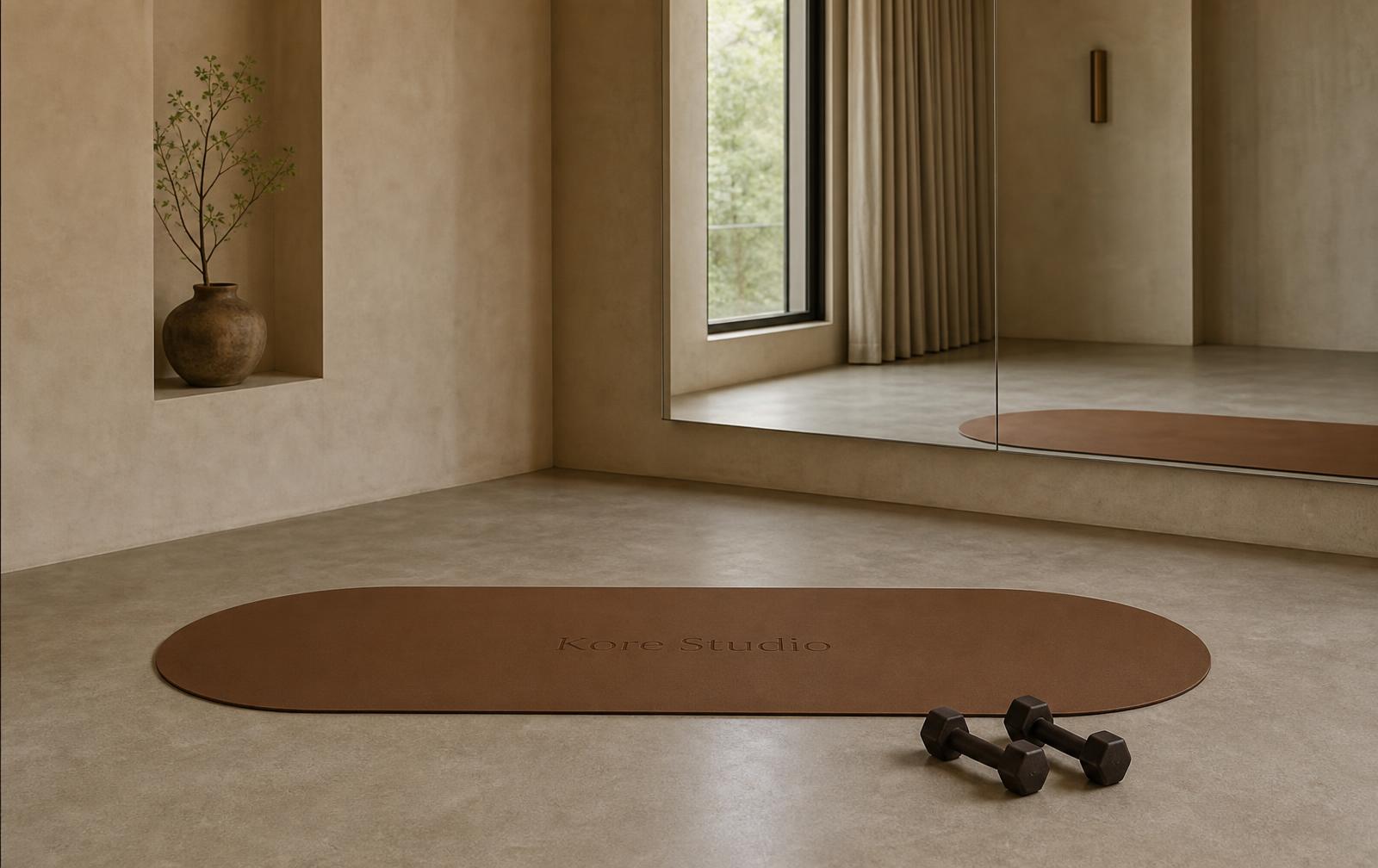 A long oval brown Kore Studio yoga mat with dumbbells on a taupe concrete floor in a beige studio with a wall mirror